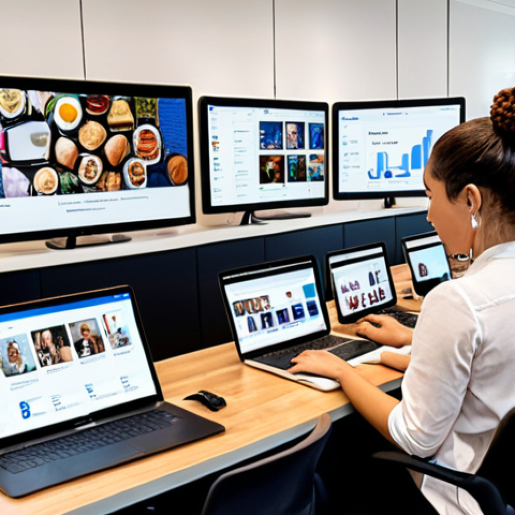 A vibrant, modern office space where diverse professionals are actively engaged in digital brand communication. Elements include people collaborating around large screens displaying social media platforms (Instagram, LinkedIn, TikTok feeds), SEO dashboards with keyword analytics, and website content previews. Laptops, tablets, and smartphones are in use, emphasizing hands-on work, content creation, and data analysis. The atmosphere should convey dynamic learning, practical application, and the interconnectedness of the digital ecosystem. The style is contemporary and professional.