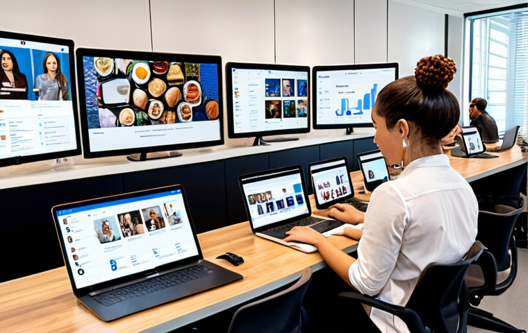 A vibrant, modern office space where diverse professionals are actively engaged in digital brand communication. Elements include people collaborating around large screens displaying social media platforms (Instagram, LinkedIn, TikTok feeds), SEO dashboards with keyword analytics, and website content previews. Laptops, tablets, and smartphones are in use, emphasizing hands-on work, content creation, and data analysis. The atmosphere should convey dynamic learning, practical application, and the interconnectedness of the digital ecosystem. The style is contemporary and professional.
