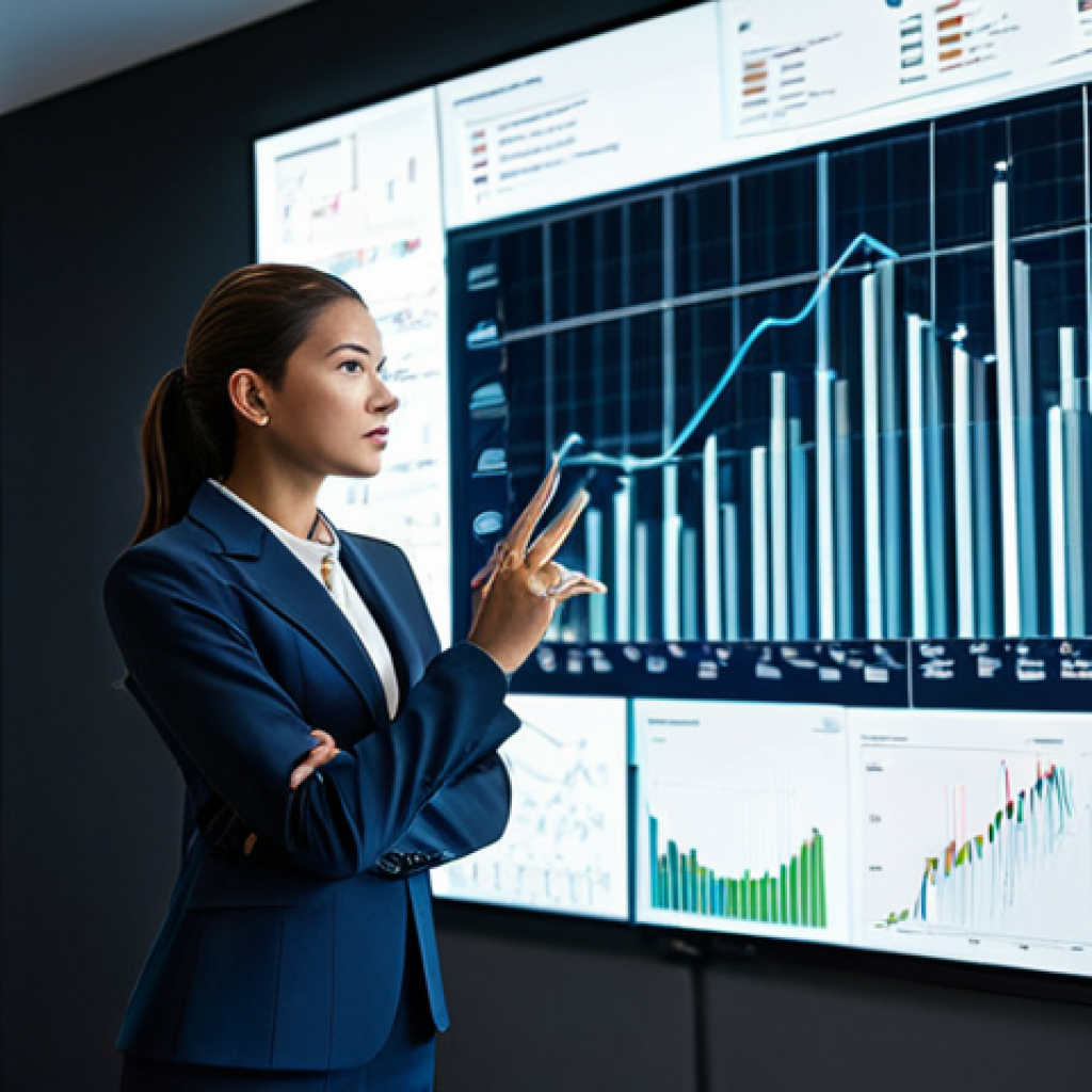 A focused business professional, female, in a modest business suit, standing in a sleek, futuristic office. She is interacting with a large, transparent digital screen displaying intricate data visualizations, charts, and graphs. Her posture is confident, and her expression indicates deep analysis and strategic thinking. The office is minimalist with soft ambient lighting, emphasizing innovation and technology. Fully clothed, appropriate attire, professional dress, perfect anatomy, correct proportions, natural pose, well-formed hands, proper finger count, natural body proportions, safe for work, appropriate content, professional photography, high quality.