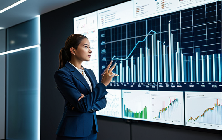 A focused business professional, female, in a modest business suit, standing in a sleek, futuristic office. She is interacting with a large, transparent digital screen displaying intricate data visualizations, charts, and graphs. Her posture is confident, and her expression indicates deep analysis and strategic thinking. The office is minimalist with soft ambient lighting, emphasizing innovation and technology. Fully clothed, appropriate attire, professional dress, perfect anatomy, correct proportions, natural pose, well-formed hands, proper finger count, natural body proportions, safe for work, appropriate content, professional photography, high quality.