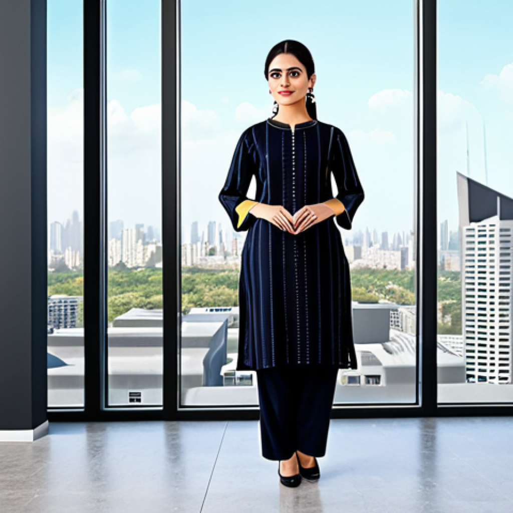 **

A confident businesswoman in a modest and stylish salwar kameez, standing in a brightly lit, modern office with a cityscape view, fully clothed, appropriate attire, safe for work, perfect anatomy, natural proportions, professional digital illustration, high quality.

**