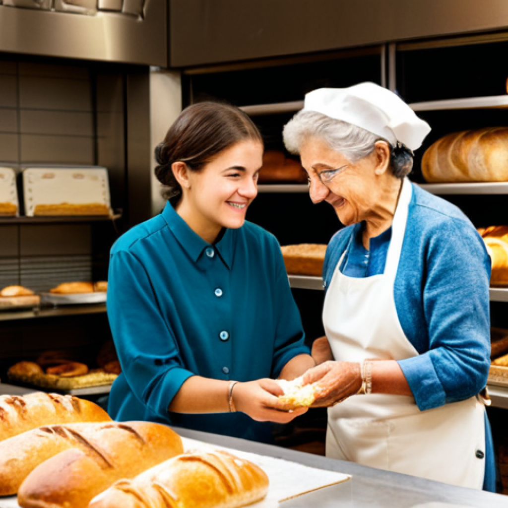 **

"A local bakery interior, warm lighting, a grandmother figure teaching a young person to bake, shelves displaying fresh bread and pastries, soft focus, family-friendly, modest clothing, safe for work, appropriate content, fully clothed, professional photography, natural poses, perfect anatomy, correct proportions, high quality."

**