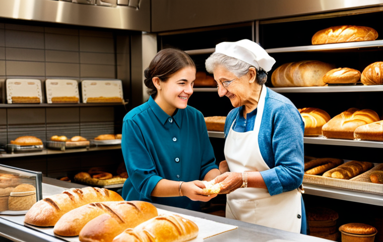 **

"A local bakery interior, warm lighting, a grandmother figure teaching a young person to bake, shelves displaying fresh bread and pastries, soft focus, family-friendly, modest clothing, safe for work, appropriate content, fully clothed, professional photography, natural poses, perfect anatomy, correct proportions, high quality."

**