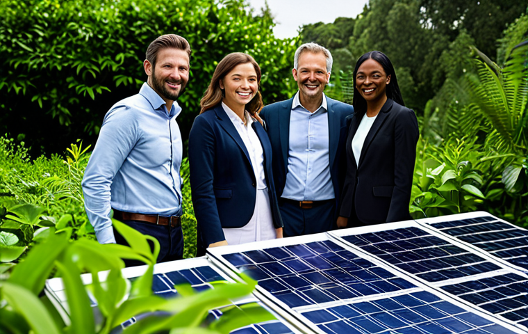 **

"A diverse group of people collaborating on a sustainable project, fully clothed in professional attire, surrounded by lush greenery and solar panels, showcasing brand communication that promotes environmental responsibility, safe for work, appropriate content, perfect anatomy, natural proportions, professional, modest, family-friendly."

**
