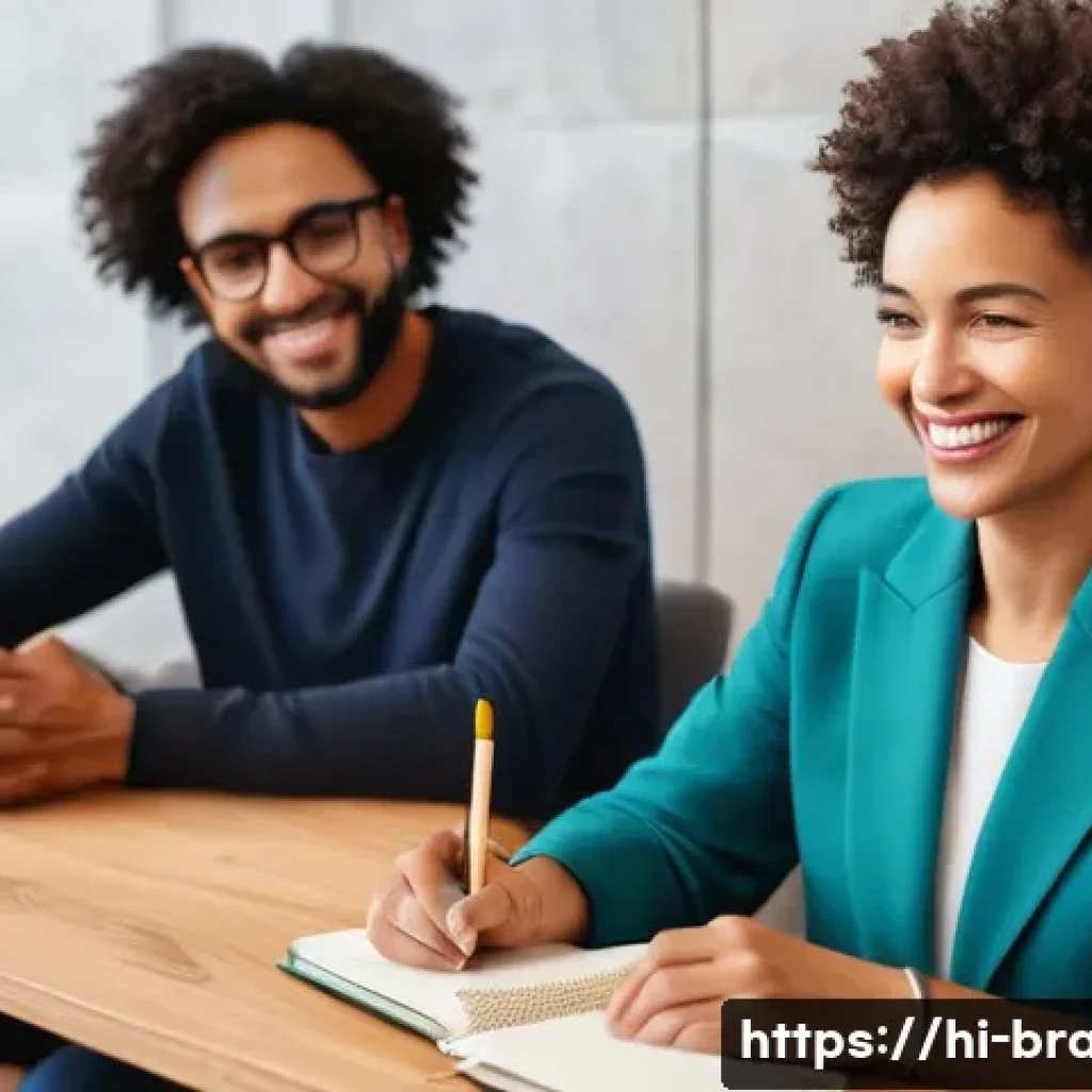 브랜드 커뮤니케이션 실무 프로젝트 경험 - **Prompt:** A diverse group of people, aged roughly 25-50, are gathered in a modern, warmly lit comm...