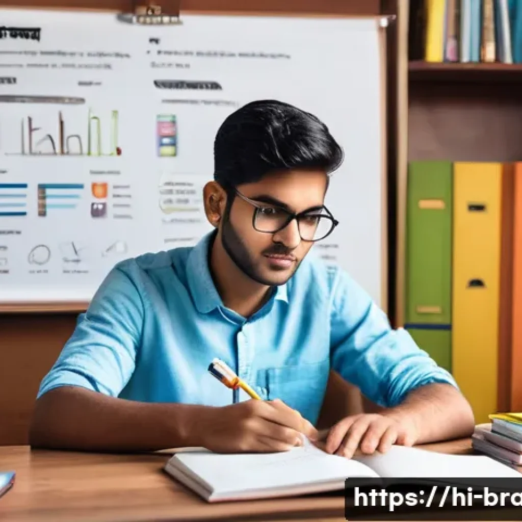 브랜드 실기 시험 준비 가이드 - A modern study scene featuring a young Indian student preparing for a branding exam, surrounded by a...