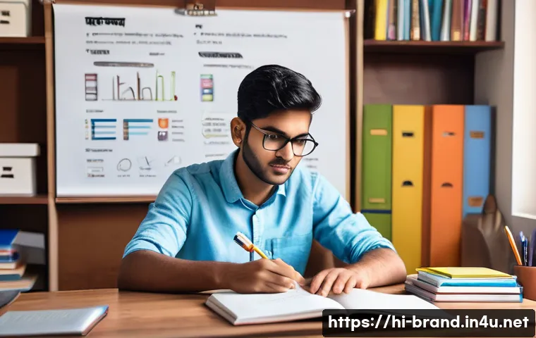브랜드 실기 시험 준비 가이드 - A modern study scene featuring a young Indian student preparing for a branding exam, surrounded by a...