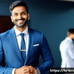브랜드 커뮤니케이션 전문가의 업계 행사 참석 팁 - A professional Indian man in his early 30s confidently introducing himself at an industry networking...