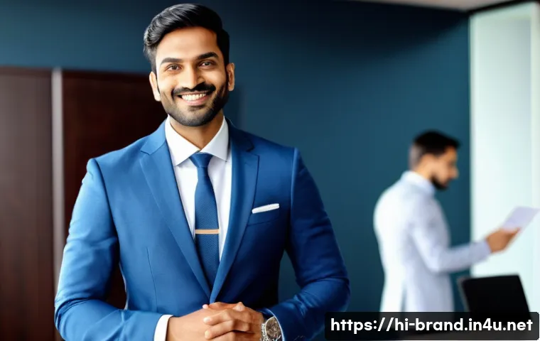 브랜드 커뮤니케이션 전문가의 업계 행사 참석 팁 - A professional Indian man in his early 30s confidently introducing himself at an industry networking...