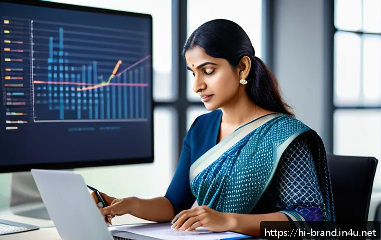 브랜드 커뮤니케이션 실무 팁 - A professional Indian businesswoman in a modern office setting, thoughtfully planning brand communic...