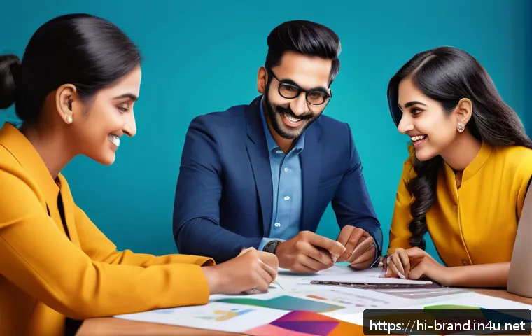브랜드 커뮤니케이션에서 크리에이티브 활용법 - A vibrant and emotionally engaging digital marketing scene showing a diverse group of Hindi-speaking...