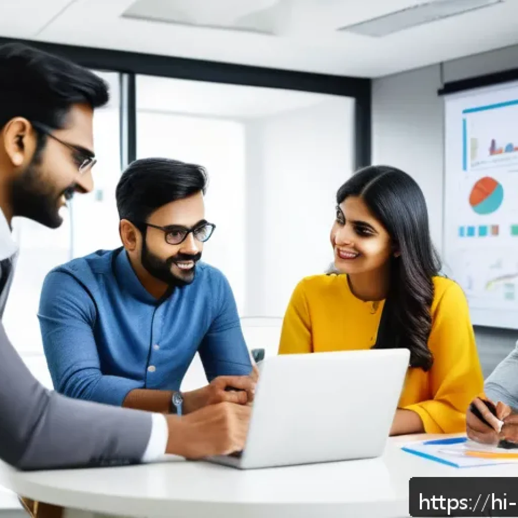 브랜드 커뮤니케이션 전문가로서의 목표 설정 - A modern office scene showing a diverse team of Indian professionals collaborating around a table wi...