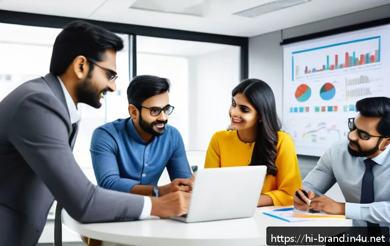 브랜드 커뮤니케이션 전문가로서의 목표 설정 - A modern office scene showing a diverse team of Indian professionals collaborating around a table wi...